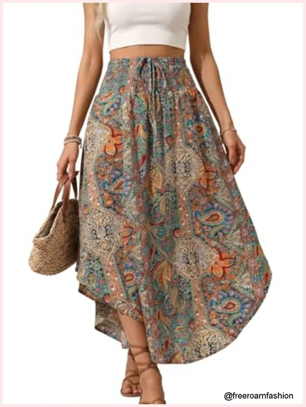 Boho Maxi Skirt High Waist Pleated Flowy A-Line Floral Summer Beach Vacation